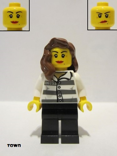 lego 2020 mini figurine cty1128 Police - Jail Prisoner 86753 Prison Stripes, Female, Reddish Brown Female Hair over Shoulder 