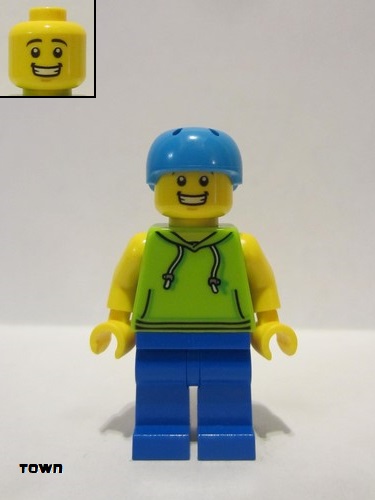lego 2020 mini figurine cty1138 Skateboarder Male, Lime Hoodie, Blue Legs, Dark Azure Helmet 