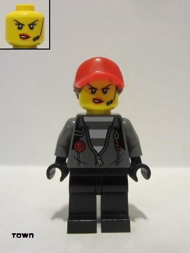 lego 2020 mini figurine cty1142 Police - Jail Prisoner Jacket over Prison Stripes, Female, Black Legs, Red Cap with Ponytail 