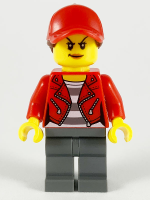 lego 2020 mini figurine cty1147 Police - City Bandit Crook Red Jacket, Red Ball Cap with Reddish Brown Ponytail, Dark Bluish Gray Legs 