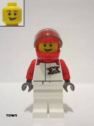 lego 2020 mini figurine cty1160 Race Car Driver Male, White and Red Jumpsuit with 'XTREME' Logo, White Legs, Red Helmet Homme, Combinaison blanche et rouge avec logo 'XTREME', jambes blanches, casque rouge