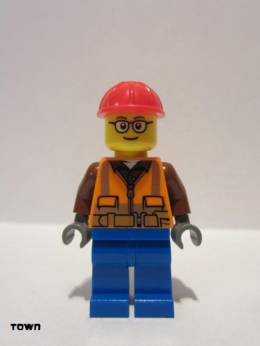 lego 2020 mini figurine cty1162 Construction Worker Orange Zipper, Safety Stripes and Belt over Brown Shirt, Blue Legs, Red Construction Helmet, Glasses 