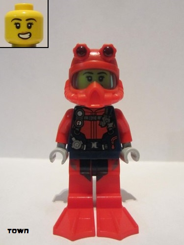 lego 2020 mini figurine cty1165 Scuba Diver Female, Open Mouth, Red Helmet, White Airtanks, Red Flippers 