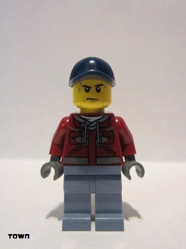lego 2020 mini figurine cty1172 Explorer Male, Dark Red Hooded Sweatshirt, Dark Blue Cap, Frown, Sweat Drops 