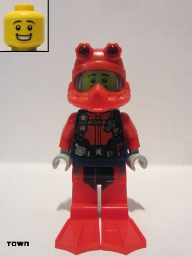 lego 2020 mini figurine cty1173 Scuba Diver Male, Open Mouth Smile, Red Helmet, White Airtanks, Red Flippers 