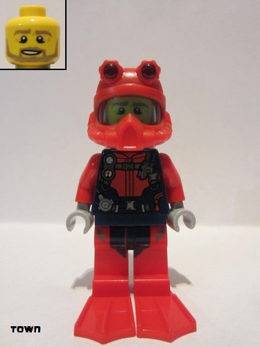 lego 2020 mini figurine cty1180 Scuba Diver Male, Open Mouth, Dark Tan Beard, Red Helmet, White Airtanks, Red Flippers 