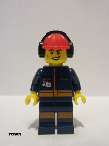 lego 2020 mini figurine cty1183 Airport Flagman Male, Red Helmet with Earmuffs, Dark Blue Jumpsuit with Orange Stripes 