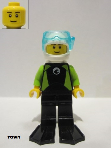lego 2020 mini figurine cty1191 Diver Male, Black Wetsuit with White Logo and Lime Trim and Flippers, White Helmet and Airtanks 