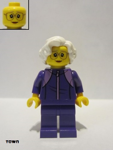 lego 2020 mini figurine cty1195 Plane Passenger Grandmother, Dark Purple Tracksuit, White Wavy Hair, Glasses 