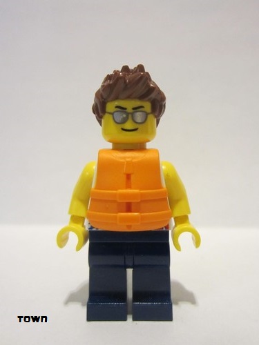 lego 2020 mini figurine cty1200 Citizen Tank Top with Surfer Silhouette, Dark Blue Legs, Reddish Brown Hair Spiked, Life Jacket 2 Straps, Silver Sunglasses 