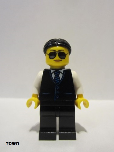 lego 2020 mini figurine cty1212 Limousine Driver Female, Black Vest with Blue Striped Tie, Black Legs, Black Hair, Sunglasses 
