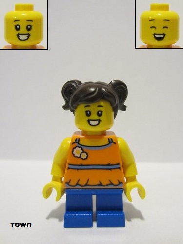 lego 2020 mini figurine cty1215 Girl Orange Halter Top Dress, Blue Short Legs, Dark Brown Hair 