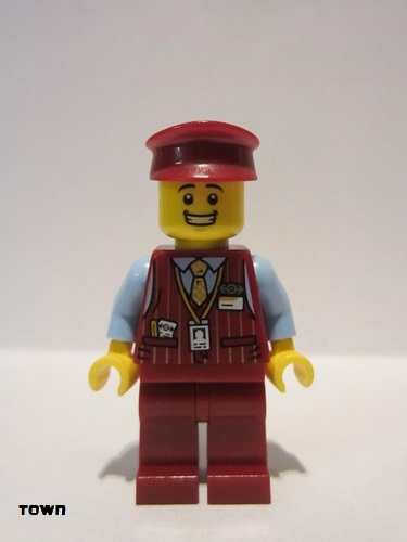 lego 2020 mini figurine cty1220 Tram Driver Male, Dark Red Vest, Bright Light Blue Shirt, Dark Red Legs, Dark Red Hat 