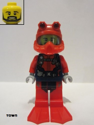 lego 2020 mini figurine cty1225 Scuba Diver Male, Open Mouth, Black Beard, Red Helmet, White Airtanks, Red Flippers 
