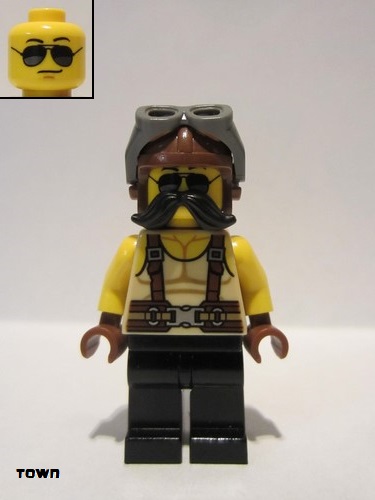 lego 2020 mini figurine twn379 Man Tan Tank Top, Black Moustache, Reddish Brown Suspenders and Aviator Cap with Dark Bluish Gray Goggles 