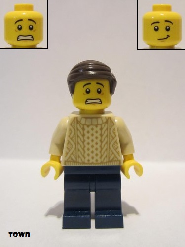 lego 2020 mini figurine twn388 Man With Tan Knit Sweater, Dark Blue Legs and Dark Brown Hair 