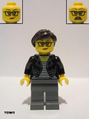 lego 2020 mini figurine twn391 Woman With Striped Black and White Shirt, Black Jacket, Dark Bluish Gray Legs, Dark Brown Hair 