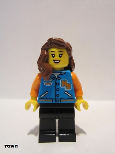 lego 2020 mini figurine twn393 Woman With Sports Jacket, Black Legs, Reddish Brown Hair 