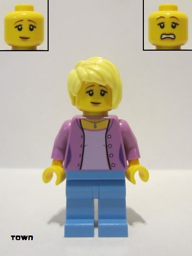 lego 2020 mini figurine twn394 Woman With Medium Lavender Jacket, Medium Blue Legs, Bright Light Yellow Hair 