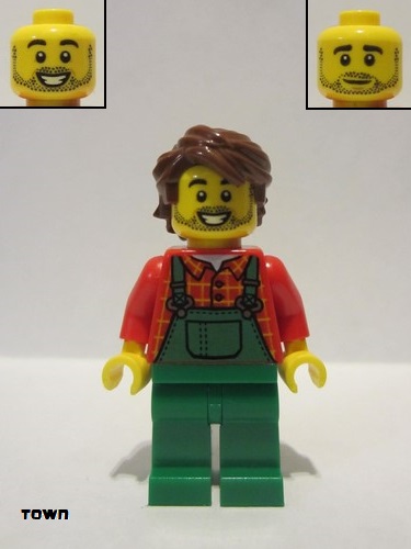 lego 2021 mini figurine cty1227 Farmer Overalls Green, Red Plaid Shirt, Reddish Brown Hair Swept Back Tousled 