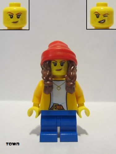 lego 2021 mini figurine cty1235 Girl Bright Light Orange Jacket, Blue Medium Short Legs, Reddish Brown Hair with Braids, Red Beanie 