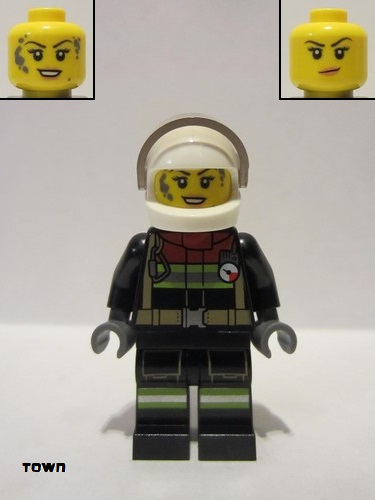 lego 2021 mini figurine cty1240 Fire Female, Black Jacket and Legs with Reflective Stripes and Dark Red Collar, White Helmet, Trans-black Visor 