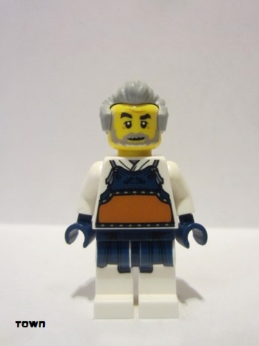 lego 2021 mini figurine cty1241 Kendo Instructor White Robe with Dark Blue and Dark Orange Bogu Armor, Light Bluish Gray Hair 