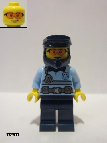 lego 2021 mini figurine cty1243 Police - City Officer Bright Light Blue Shirt with Silver Stripe, Badge and Radio, Dark Blue Legs, Dark Blue Dirt Bike Helmet, Orange Glasses 