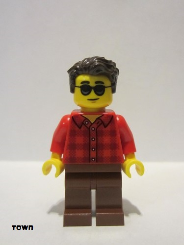 lego 2021 mini figurine cty1246 Man Red Flannel Shirt, Reddish Brown Legs, Dark Brown Hair, Sunglasses 