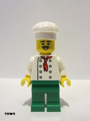 lego 2021 mini figurine cty1247 Chef White Torso with 8 Buttons, No Wrinkles Front or Back, Green Legs, White Cook's Hat 