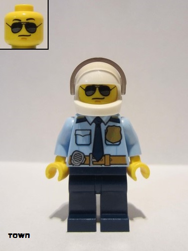 lego 2021 mini figurine cty1249 Police - City Officer Shirt with Dark Blue Tie and Gold Badge, Dark Tan Belt with Radio, Dark Blue Legs, White Helmet, Sunglasses 