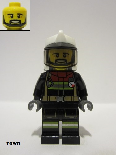 lego 2021 mini figurine cty1251 Fire Reflective Stripes, Black Legs and Jacket with Dark Red Collar, Fire Helmet, Trans-black Visor 