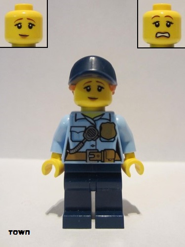 lego 2021 mini figurine cty1258 Police - City Officer Female, Bright Light Blue Shirt with Badge and Radio, Dark Blue Legs, Dark Blue Cap with Dark Orange Ponytail, Pensive Smile 