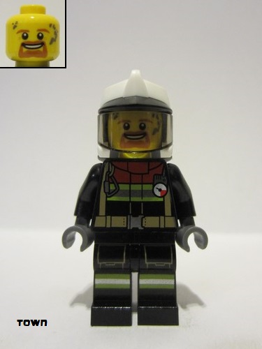 lego 2021 mini figurine cty1264 Fire Reflective Stripes, Black Legs and Jacket with Dark Red Collar, Fire Helmet, Trans-Black Visor, Brown Goatee 