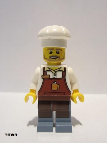 lego 2021 mini figurine cty1268 Baker Male, Reddish Brown Apron with Cup and Name Tag, White Cook's Hat 