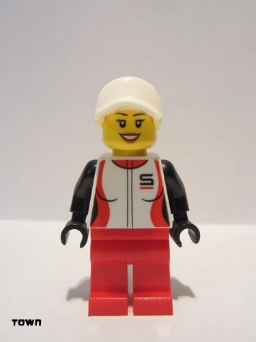 lego 2021 mini figurine cty1269 Woman Red and White Race Jacket, Red Legs, White Cap with Bright Light Yellow Hair 