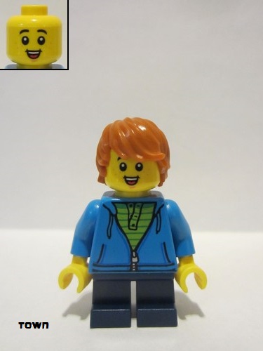 lego 2021 mini figurine cty1271 Boy Dark Azure Hoodie with Green Striped Shirt, Dark Blue Short Legs, Dark Orange Hair, Freckles, Small Open Smile with Tongue 