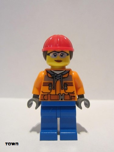 lego 2021 mini figurine cty1272 Construction Worker Female, Chest Pocket Zippers, Belt over Dark Gray Hoodie, Blue Legs, Red Helmet with Dark Brown Hair 