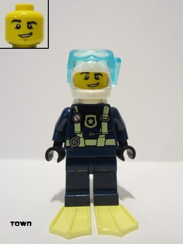 lego 2021 mini figurine cty1277 Police - City Officer Dark Blue Diving Suit with Yellowish Green Harness, White Helmet, White Airtanks, Bright Light Yellow Flippers 