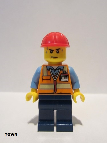 lego 2021 mini figurine cty1281 Construction Worker Orange Safety Vest with Reflective Stripes, Dark Blue Legs, Red Construction Helmet 