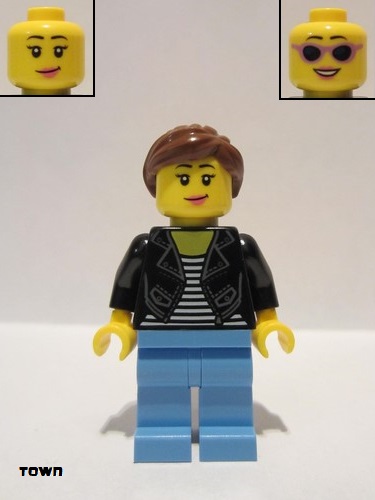 lego 2021 mini figurine cty1283 Car Driver Female, Black Leather Jacket, Medium Blue Legs, Reddish Brown Hair 