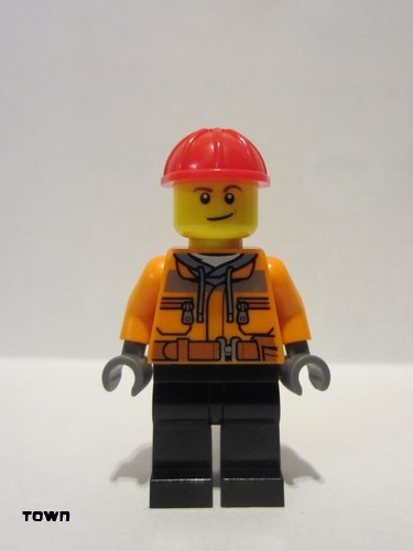 lego 2021 mini figurine cty1286 Construction Worker Male, Chest Pocket Zippers, Belt over Dark Gray Hoodie, Dark Blue Legs, Red Construction Helmet 