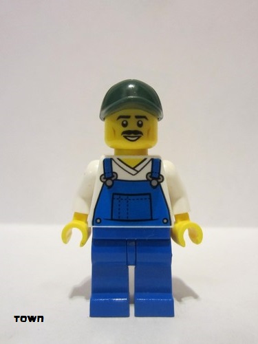 lego 2021 mini figurine cty1291 Citizen Overalls Blue over V-Neck Shirt, Blue Legs, Dark Green Cap, Moustache 