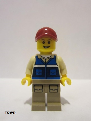 lego 2021 mini figurine cty1292 Wildlife Rescue Worker Male, Dark Red Cap, Blue Vest with 'RESCUE' Pattern on Back, Dark Tan Legs with Pockets 