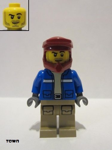 lego 2021 mini figurine cty1294 Wildlife Rescue Explorer Male, Blue Jacket, Dark Red Helmet, Dark Tan Legs with Pockets, Beard 