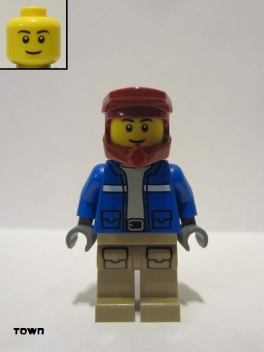 lego 2021 mini figurine cty1295 Wildlife Rescue Explorer Male, Blue Jacket, Dark Red Helmet, Dark Tan Legs with Pockets, Thin Grin 