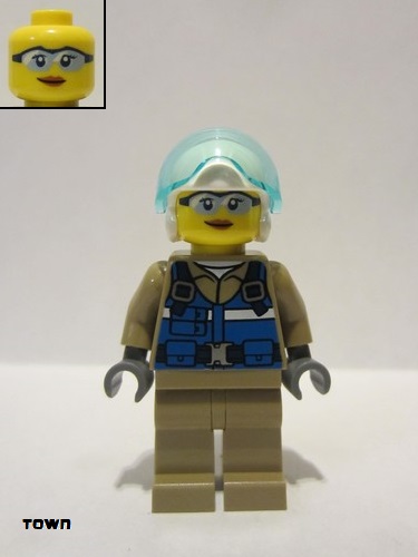lego 2021 mini figurine cty1296 Wildlife Rescue Pilot Female, Blue West, White Helmet, Dark Tan Legs 