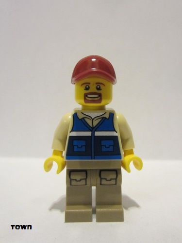 lego 2021 mini figurine cty1298 Wildlife Rescue Worker Male, Dark Red Cap, Blue Vest with 'RESCUE' Pattern on Back, Dark Tan Legs with Pockets, Beard 