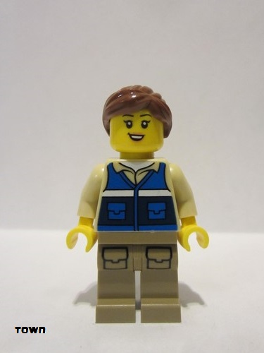 lego 2021 mini figurine cty1300 Wildlife Rescue Worker Female, Blue Vest with 'RESCUE' Pattern on Back, Dark Tan Legs with Pockets, Reddish Brown Hair 