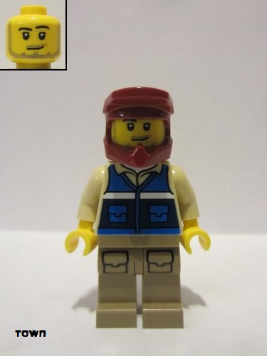 lego 2021 mini figurine cty1301 Wildlife Rescue Explorer Male, Blue Vest with 'RESCUE' Pattern on Back, Dark Red Helmet, Dark Tan Legs with Pockets, Beard 